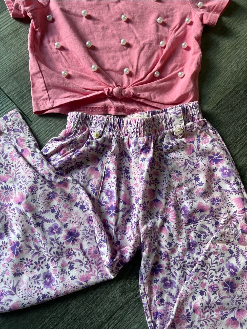 btween Pink Pearl-Embellished Knot Top with Lavender Floral Pajama Pants
